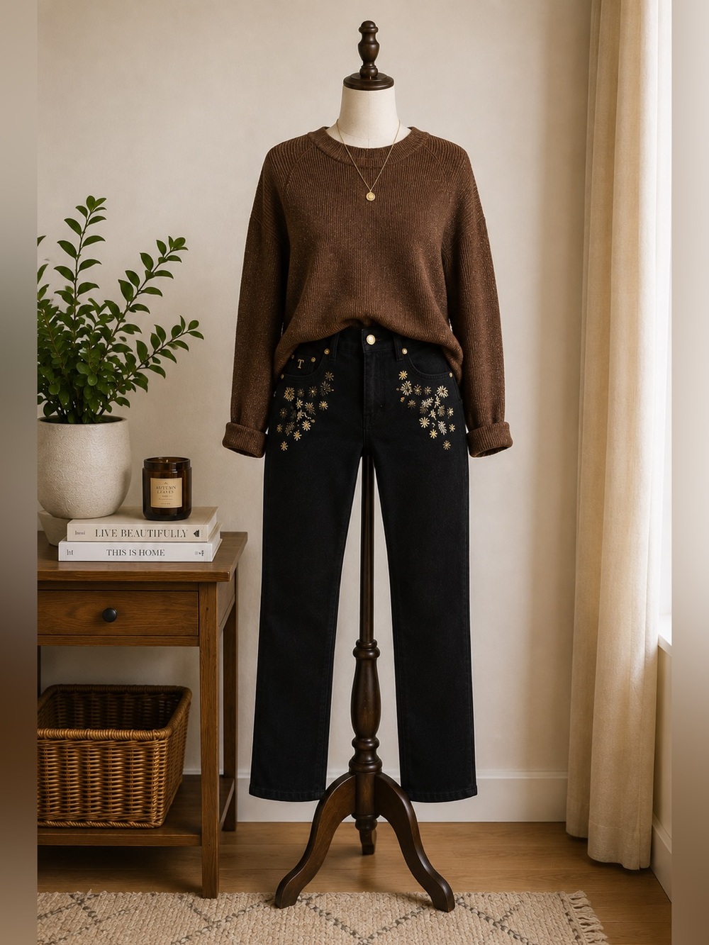 Tristan Black Embroidered Embellished Pants Gold Floral Y2K Style Size 1
